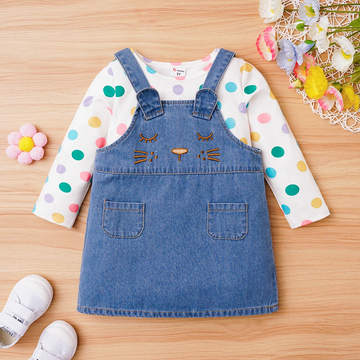 

PatPat 2pcs Toddler Girl Polka Dots Long-sleeve Top and 100% Cotton Denim Overall Dress Set