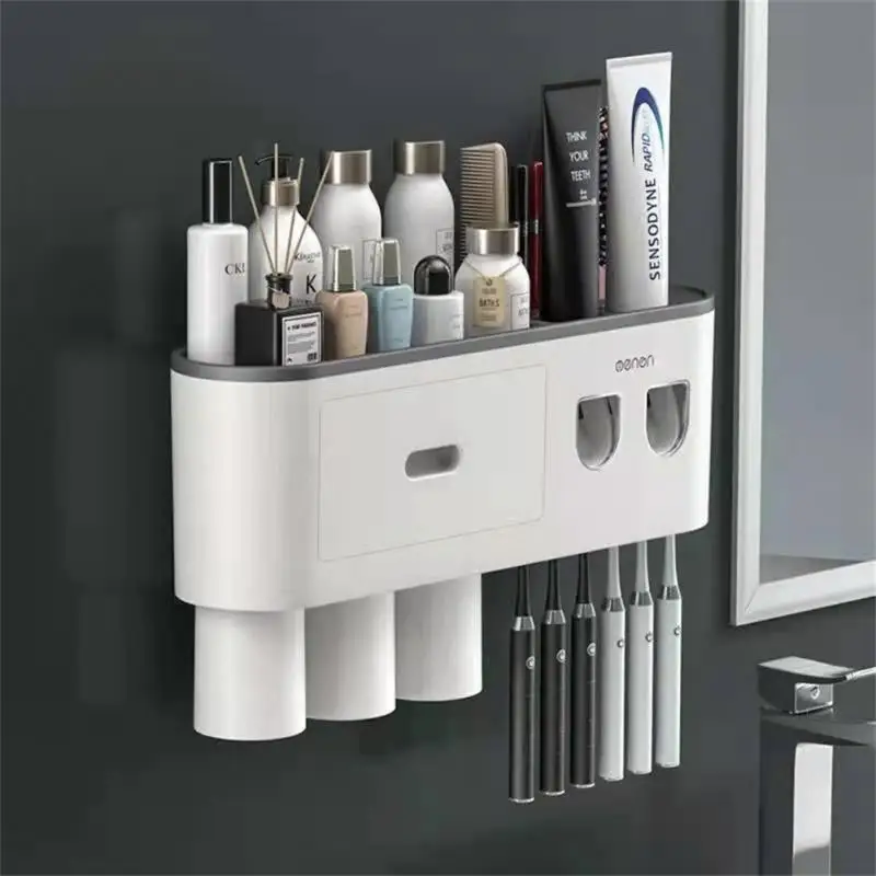 

Toothbrush Holder Set Creative Toilet Double Squeeze Toothpaste Device Wall-mounted Punch-free Bathroom Supplies Toothbrush Rack