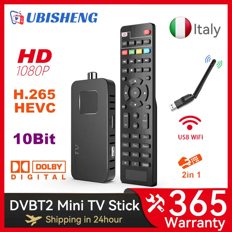 UBISHENG U8mini DVB-T2 Italy TV Stick H.265 Digital Terrestrial Decoder DVB T2 TV Tuner HD 1080P Mini TV Box Support Dolby Audio