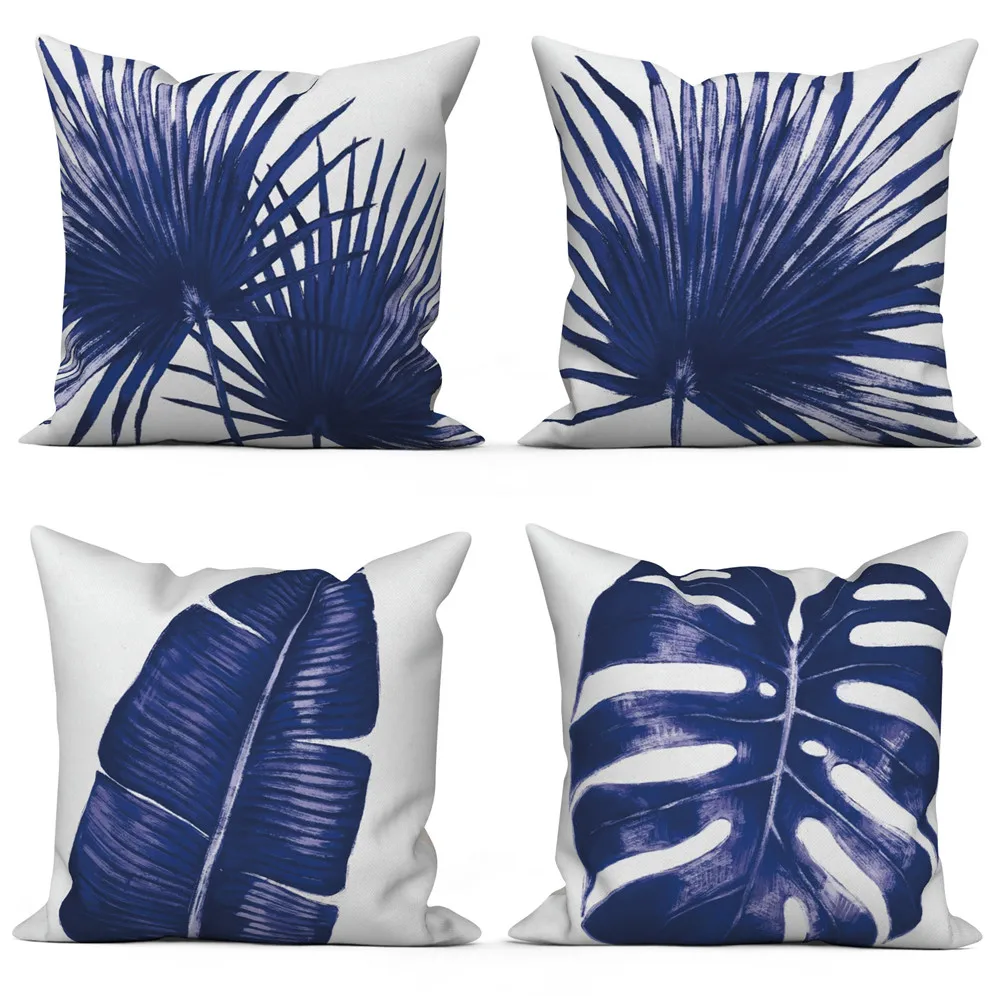 

Синяя наволочка с тропическими листьями, белый полиэстеровый чехол для диванной подушки, домашний декор, декоративный чехол для диванной подушки 40x40 45x45 50x50 см