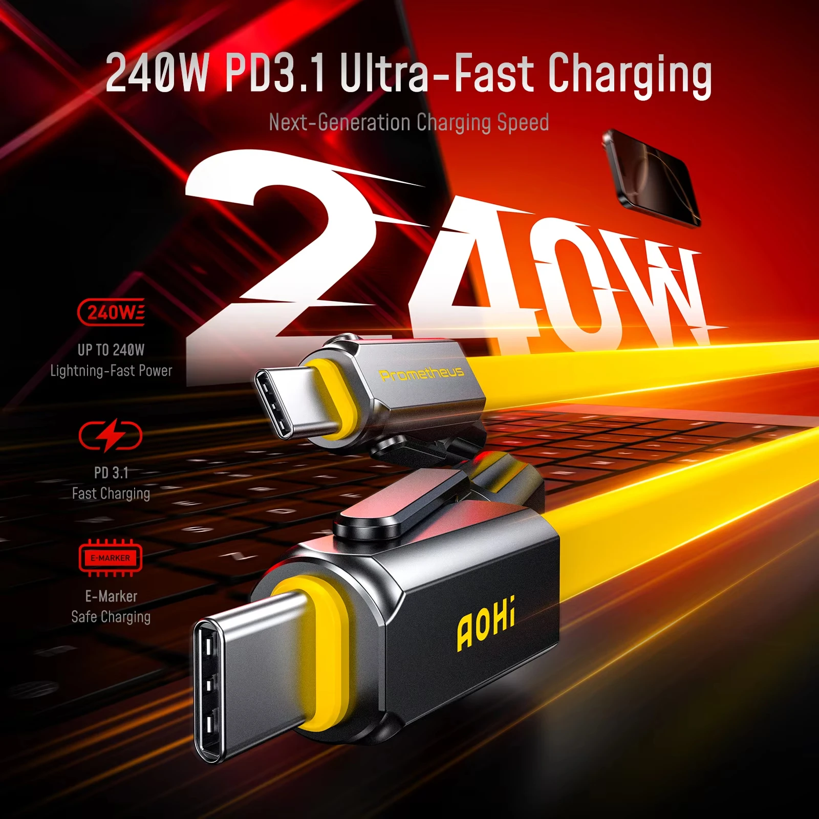 Фото AOHI PROMETHEUS 3-в-1 240 Вт USB C Многофункциональный зарядный кабель с магнитным притяжением зажигания брелок Быстрая зарядка №2