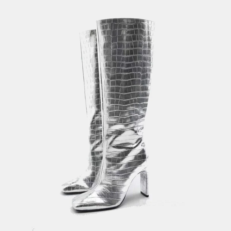 Brand Women's Boots Gold Silver Boots Thick Heel Square Head Fashion Sexy Women's Over Knee Boots Crocodile Pattern Sleeve Shoes