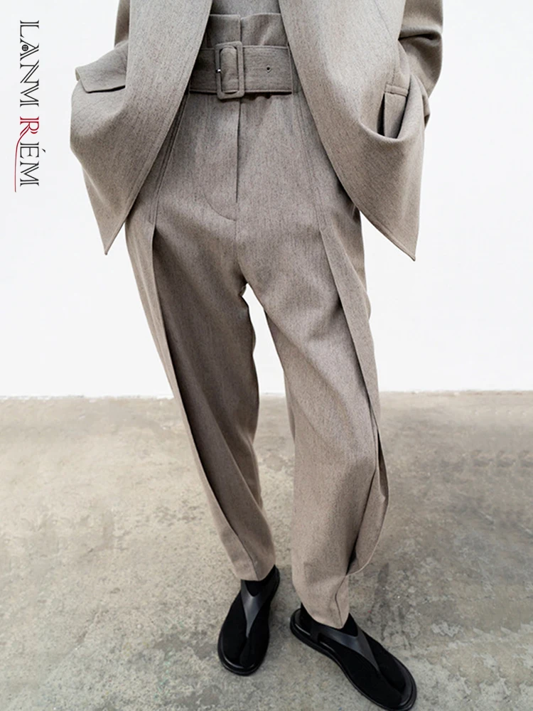 

[LANMREM] Wool High Waist Pleated Pants For Women Solid Straight Office Lady Female Trousers Lace-up Design 2023 Autumn New 26D5