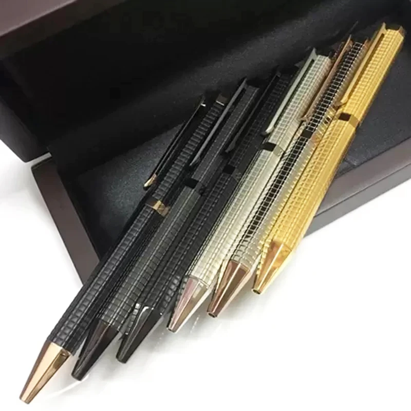 

Luxury Gift Metal Hexagonal Grid Checkered Ballpoint Pen Red Wood Box Classical Stationery For Writing