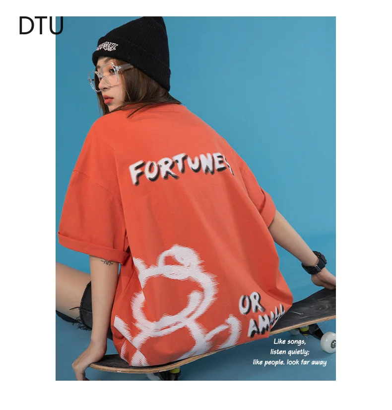 

Spring Summer Color Contrast Tide Brand T-shirt Women Cartoon Printing Cotton Loose Round Neck Short-sleeved Graffiti T-shirt