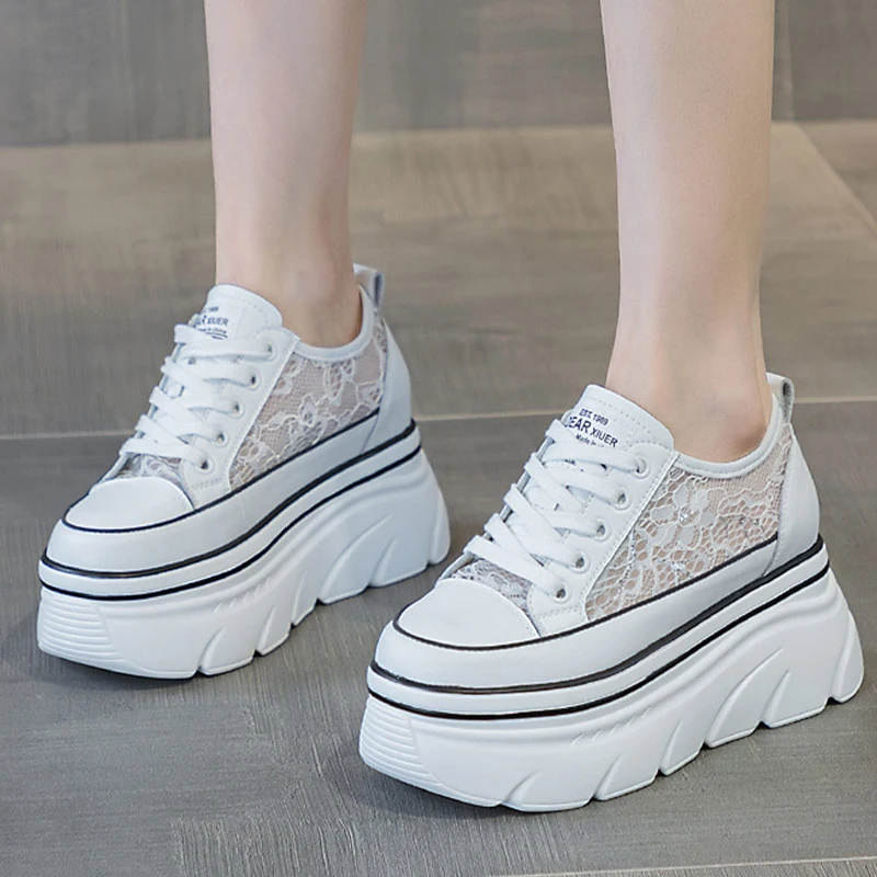 2023 New 7cm Lace Air Mesh Chunky Sneakers Wedge Platform Breathable Hollow Vulcanized Summer Fashion Genuine Leather Ladies