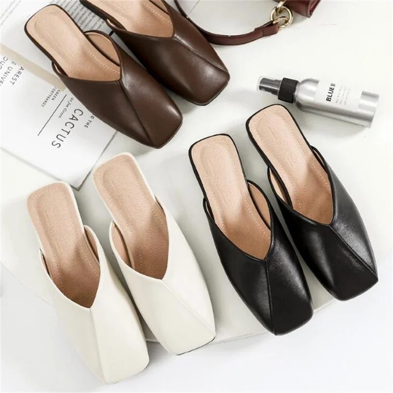 New Women Baotou Muller Shoes Fashion Asakuchi Spring Summer Solid Color Low-heeled Sandals Slippers Outer Wear Large Size 44
