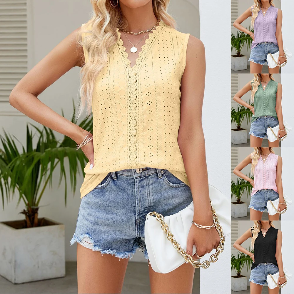 

Lace Floral Y2k Elegant Tanks Women Sleeveless Camisole Solid Ribbed Crop Tops V-Neck Vest Casual Tee Female Hollow Out Top