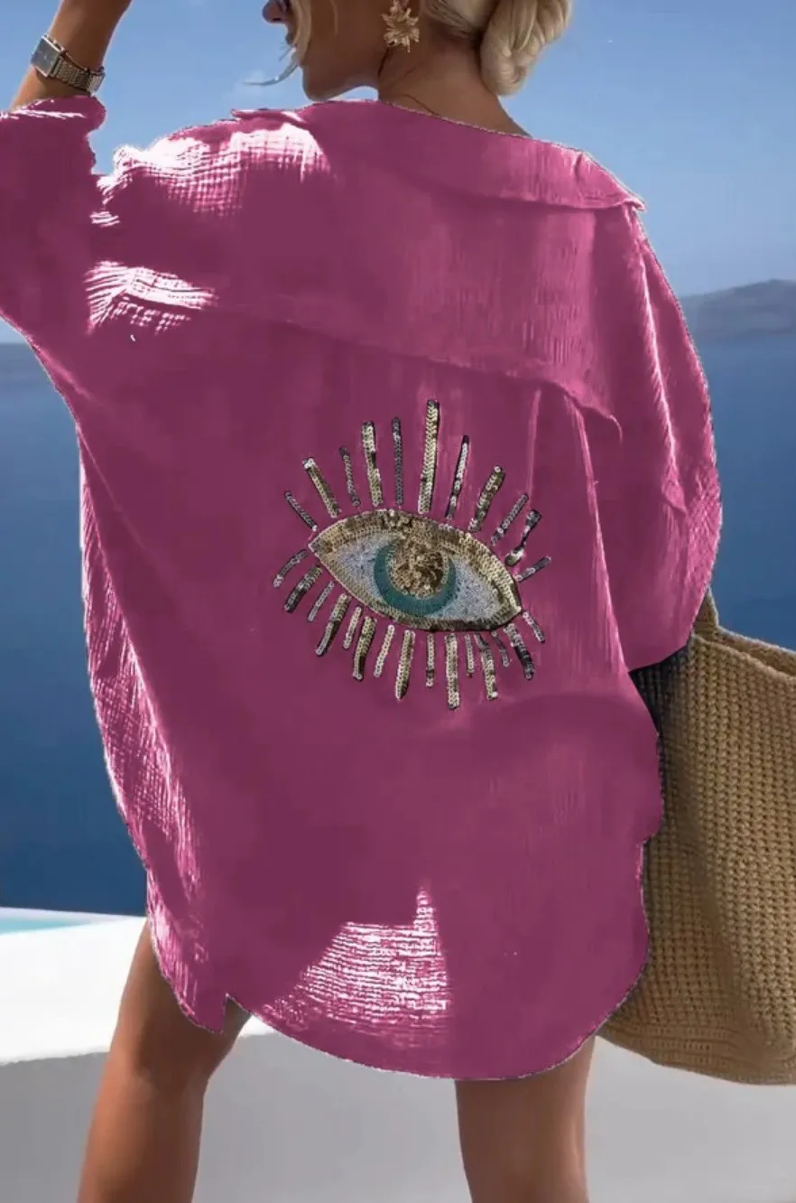 Evil Eye Повседневная женская рубашка Весна Лето Мода Пляжный стиль Свободные пуговицы Солнцезащитный крем Хлопково-льняная рубашка Платье Повседневный женский топ (art.: 3920cbdb565cf) - 3920cbdb565cf