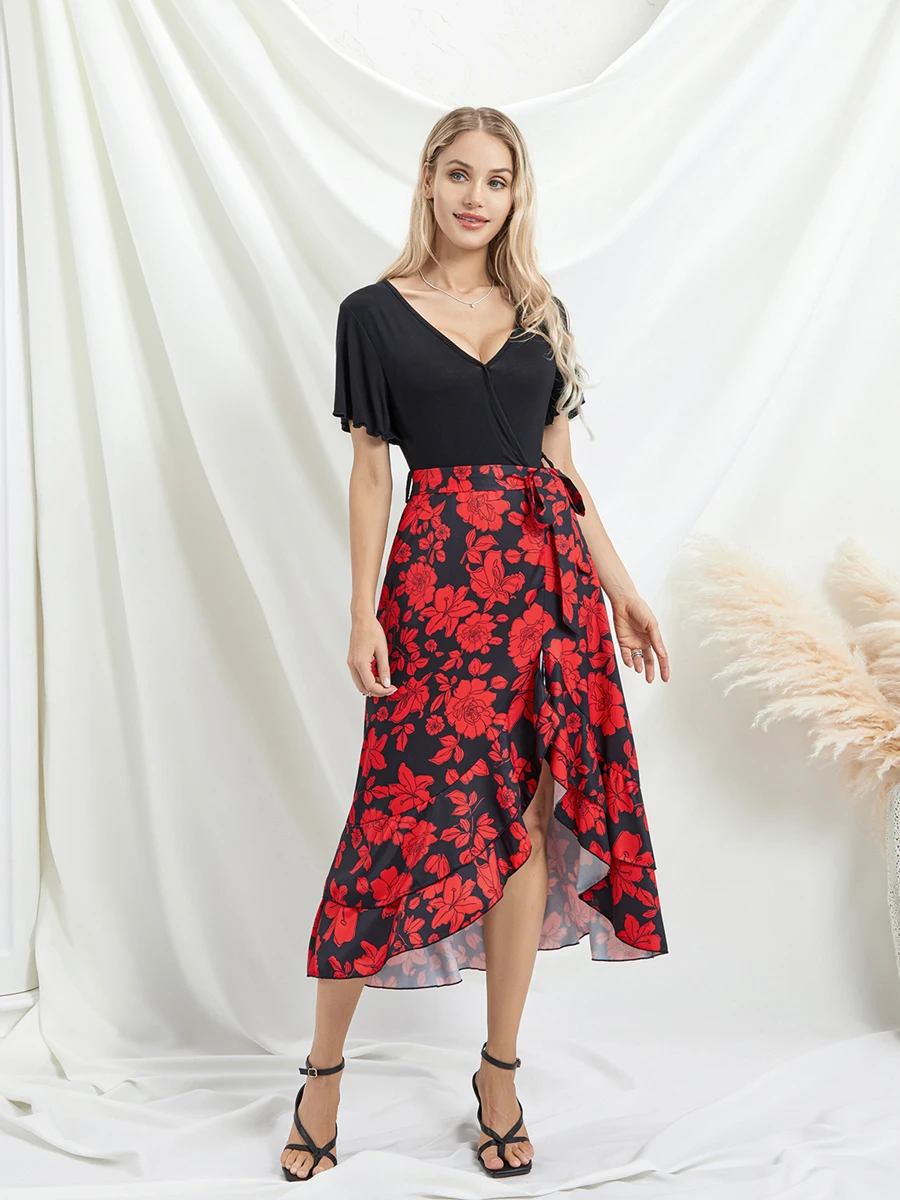 

Stylish Floral Print with V-Neckline Short Sleeves Waist Tie and Ruffled Hemline - Perfect for Casual and Beach