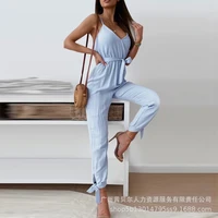 women solid slim fit high waist jumpsuits women jumpsuits summer sexy v neck spaghetti strap backless lace up pencil jumpsuits