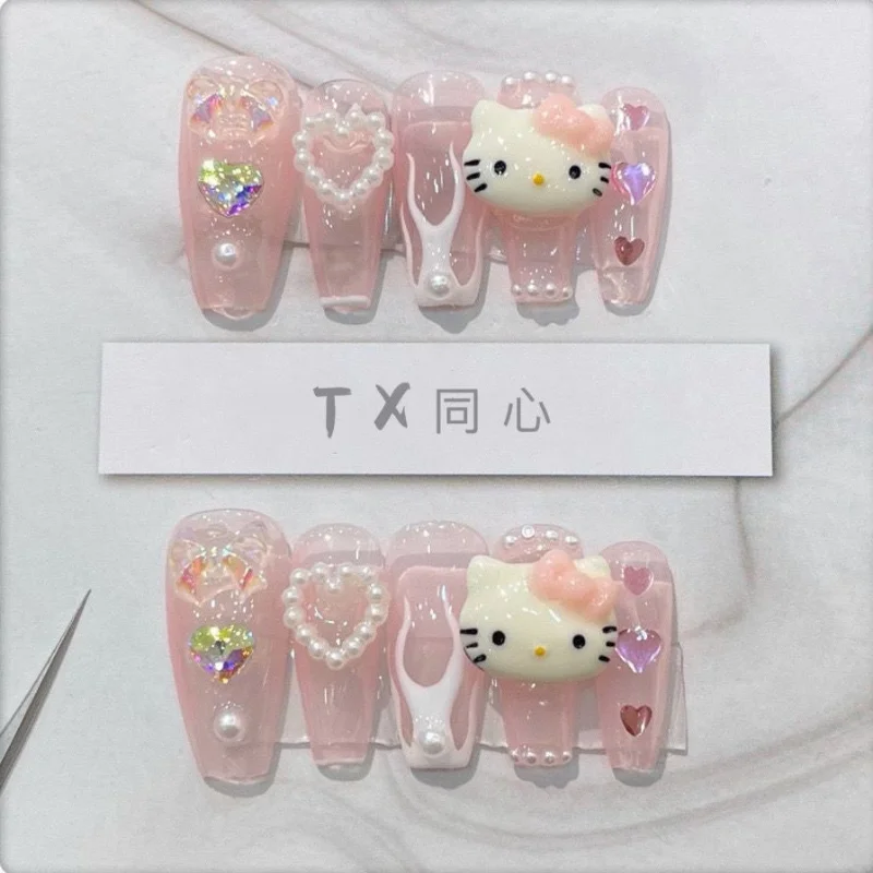 

Diy Hello Kitty Girl Heart Powder Spice Girl Nail Nail Patch Kawaii Wearing Armor Phototherapy Piece Finished Removable