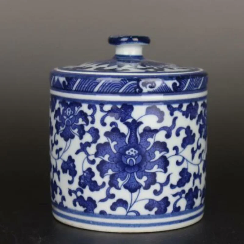 

Chinese Blue and White Porcelain Cans Clear Lotus Design Pot Tea Caddy 4.33 Inches