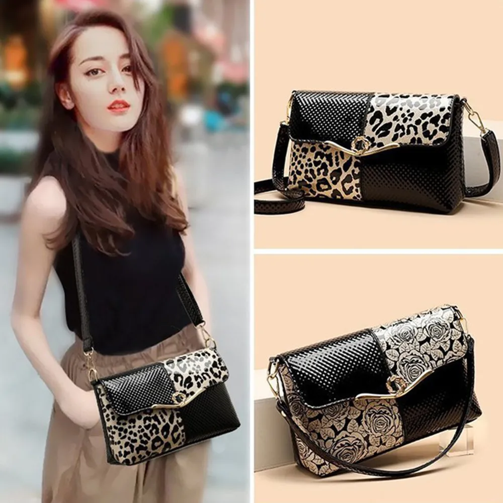 

Ins new leopard pattern women's bag patent leather shoulder bag rose gold small square bag crocodile pattern leather bag