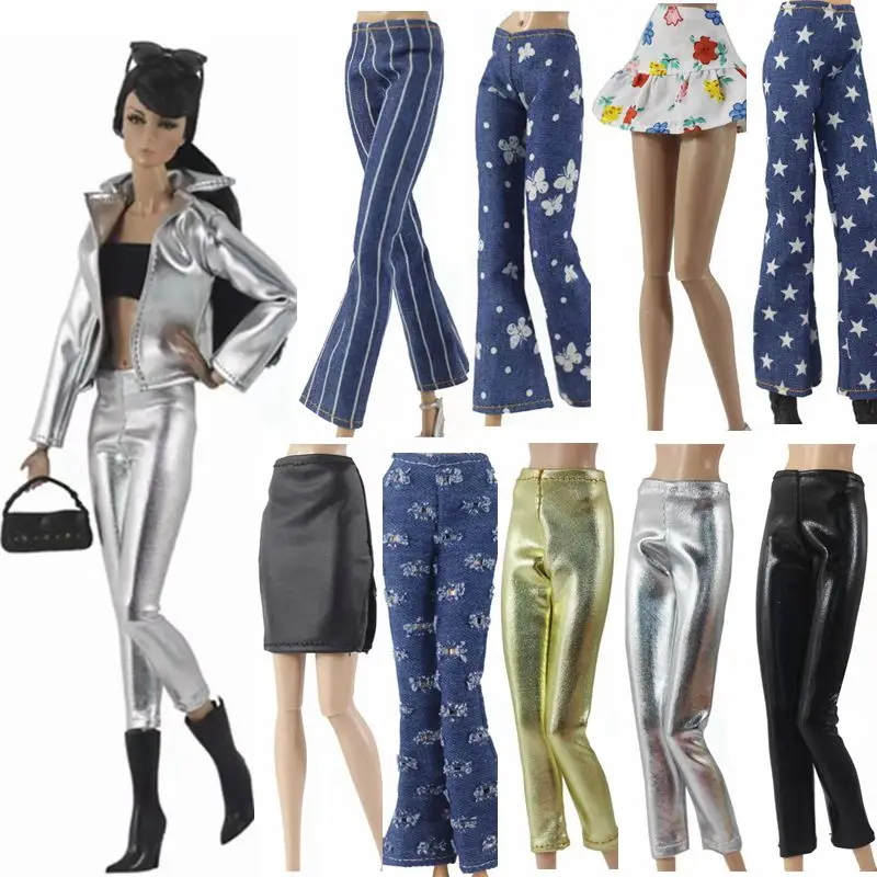

11.5" Dolls Trousers For Barbie Clothes Floral Jeans Leather Pants Casual Wears Outfits Skirt 1/6 BJD Dolls Accessories Toy Gift