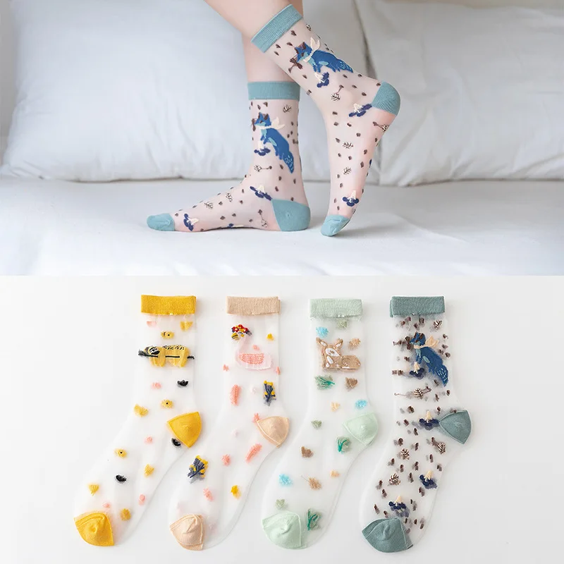 

Women Thin Transparent Summer Crystal Silk Socks Fashion Japan Style Harajuku Crew Socks Animals Cartoon Embroidery Cute Socks