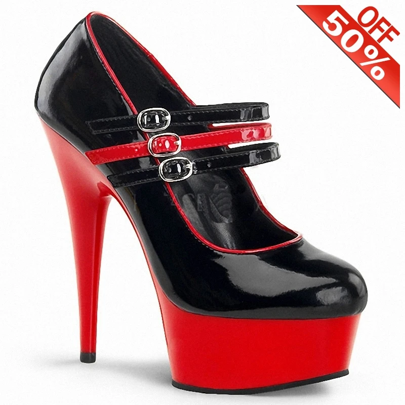 

6 Inch Red Bottom High Heels Pumps Women Platform 15cm Buckle Patchwork Sexy Crossdressers Stripper Shoes Fetish Pole Dance