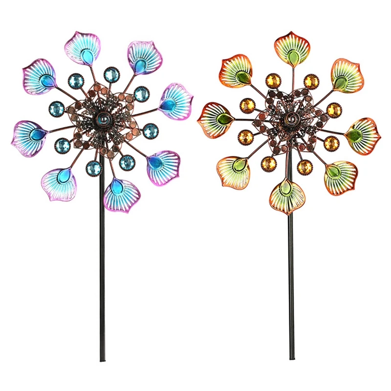 

594C Wrought Iron Metal Colorful Peacock Tail Windmill Hollow Wind Spinner