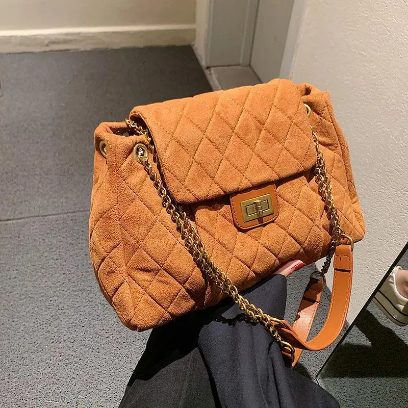 

2022 Vintage Suede Large Quilted Chain Crossbody Shoulder Bags for Women Luxury Brand Designer Ladies Handbags Winter