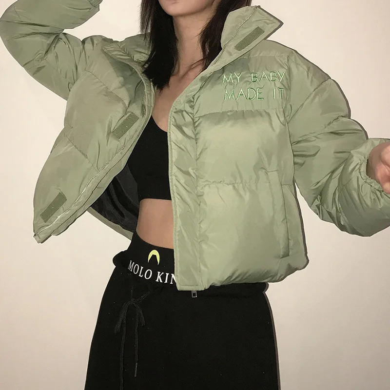 2023 Street Style Winter Fashion Women's New Long-sleeved Cardigan Zipper Cropped Embroidered Warm Stand-up Collar Cotton Jacket