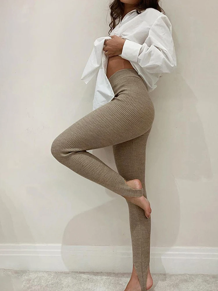 Осень-зима 2023 трикотажные леггинсы в рубчик женские хлопковые облегающие