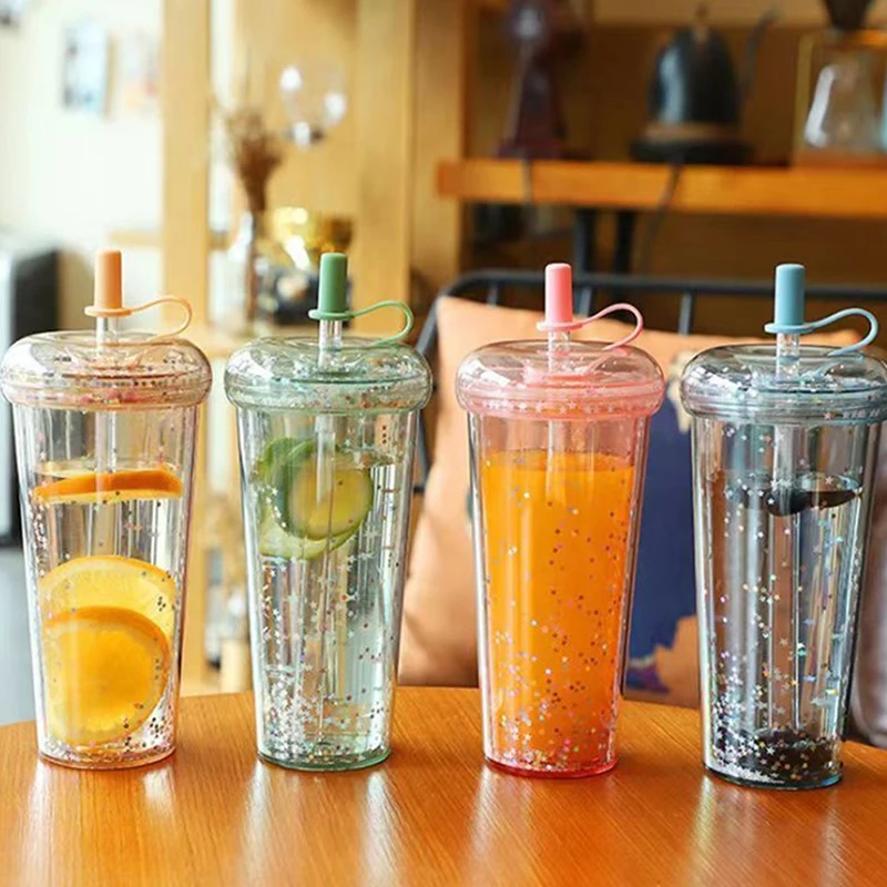 

Straw Plastic Water Bottle Coffee Cup Milk Juice Cup Drinkware Cups With Lid Straw Portable Reusable Drinking Bottle