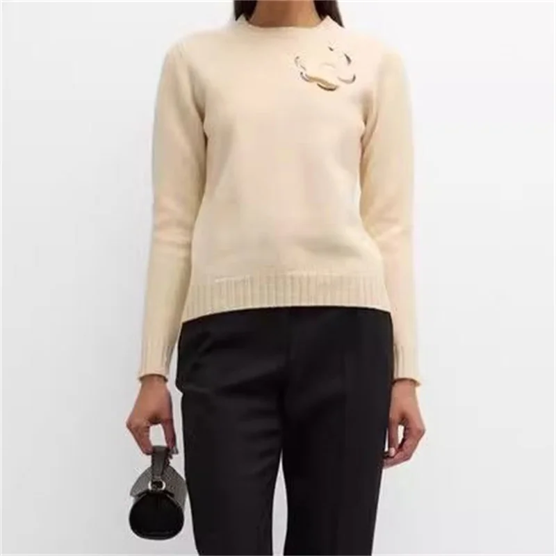 

wool blend Women's sweater 2023 winter New Fashionable hollow long sleeved top Elastic knitted round neck pullover y2k Knitwear
