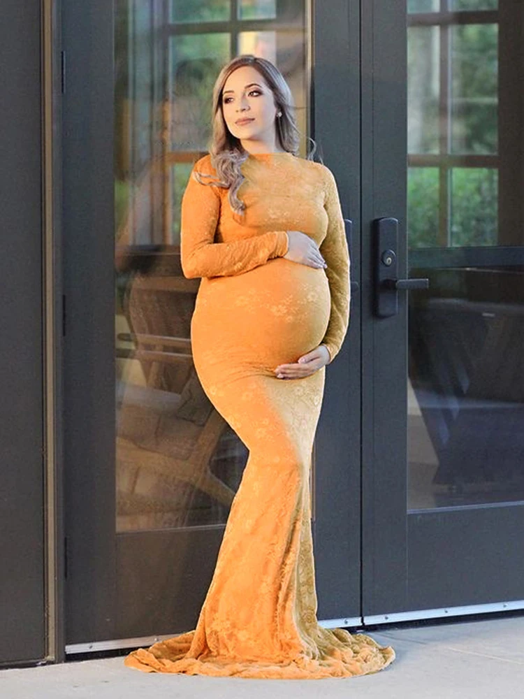 Lace Maternity Gown Photography Pregancy Photoshoot Dress Round Tail Pregnant Woman Highlight Belly Tight Clothes Long Sleeves