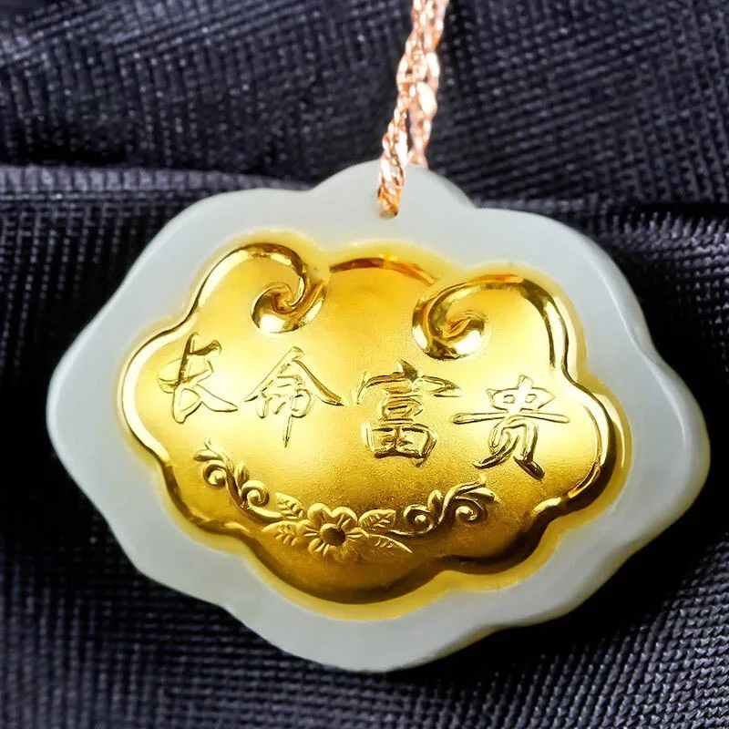

Send Certificate 24k Gold Inlaid Jade Pendant Necklace Women Longevity Lock Fashion Charms Healing Jewelry Hetian Jades Amulet