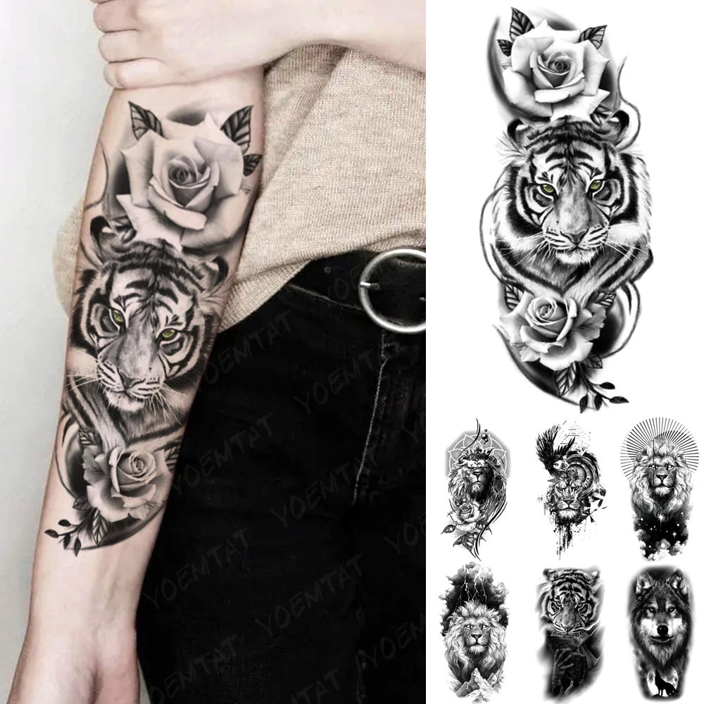 

Водостойкая Временная тату-наклейка, тигр, роза, Лев, волк, животное, тотем, искусственная татуировка на руку для мужчин и женщин