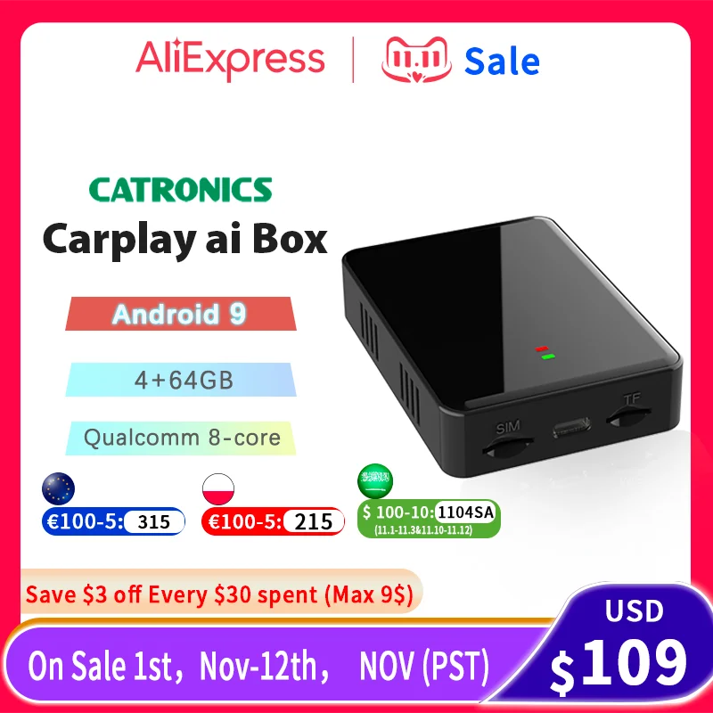Продажа Carplay Ai Box Catronics беспроводной Автомобильный плеер Netflix мультимедиа 4 + 64G Аудио навигация Android 9 Android авто Apple Carplay