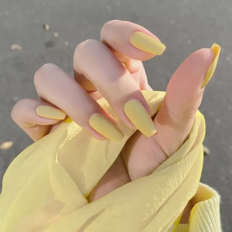 

2023NEW Full Cover fake Press on Nails Matte Yellow Pure Acrylic Frosted Ballerina acrylic for nails for Women free shipping