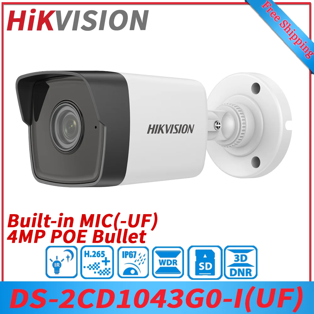 

Hikvision IP Camera 4MP POE Bullet DS-2CD1043G0-I & DS-2CD1043G0-IUF IR 30m Built-in Mic WDR H.265+ Outdoor CCTV Camera