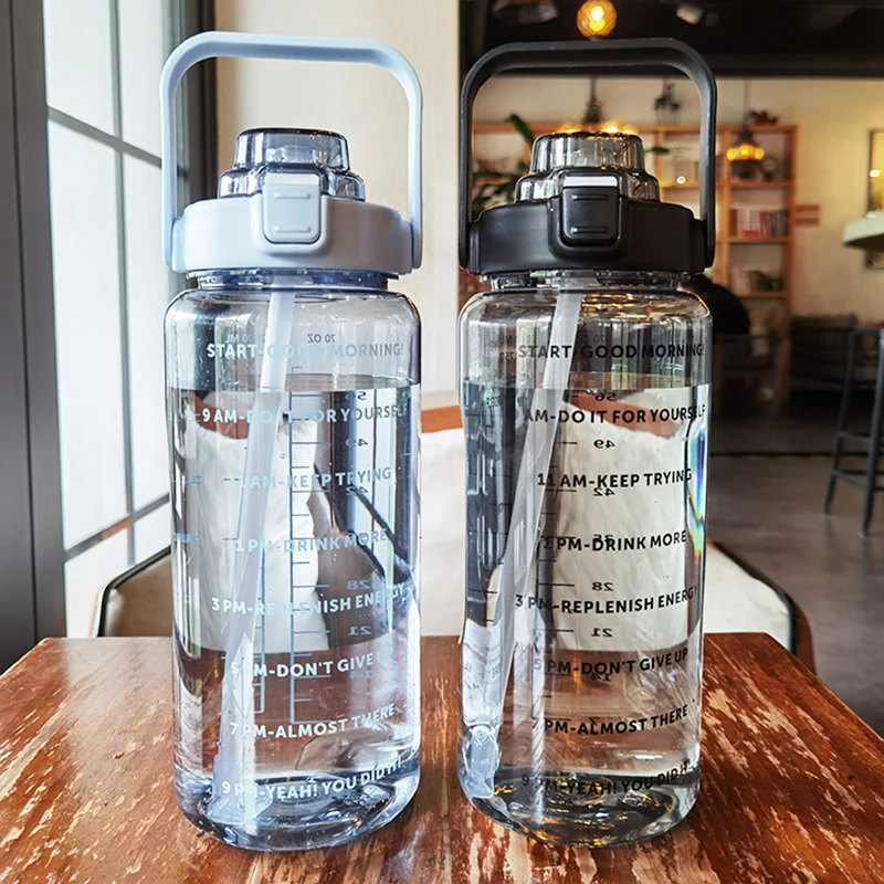 

2 L Sports Water Bottle With Straw New Men Women Fitness Water Bottles Outdoor Cold Water Bottles With Time Marker Drinkware