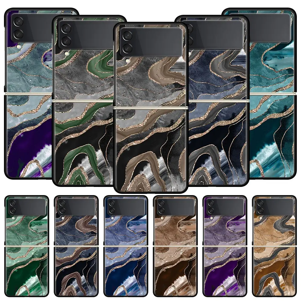 

Gold Agate Marble Pattern Z Flip 4 Phone Case For Samsung Z Flip 3 5G Black Hard Shell Galaxy ZFlip3 ZFlip4 Cover Folding Luxury