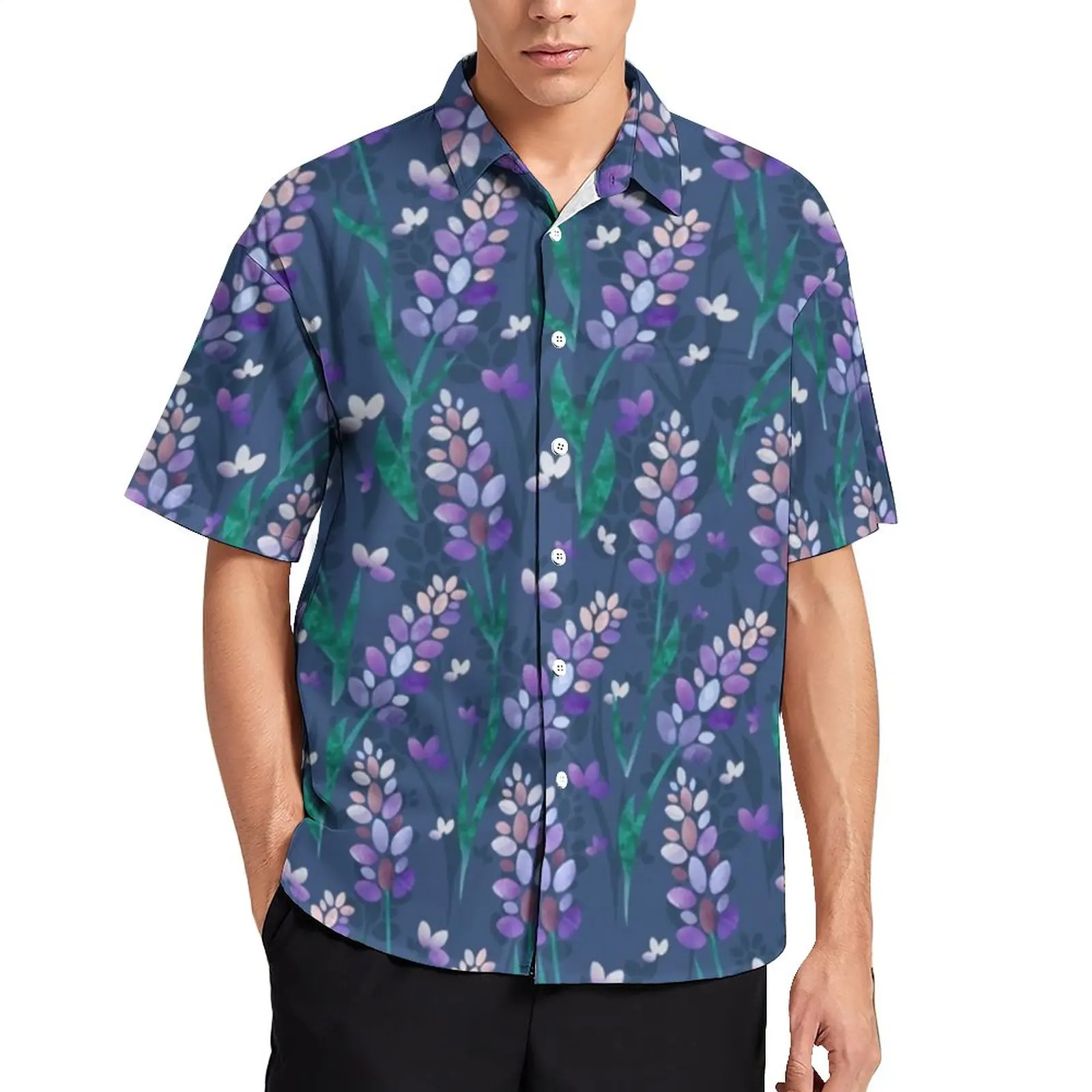 

Lavender Fields Casual Shirts Purple Floral Print Beach Shirt Hawaiian Novelty Blouses Men Print 3XL 4XL