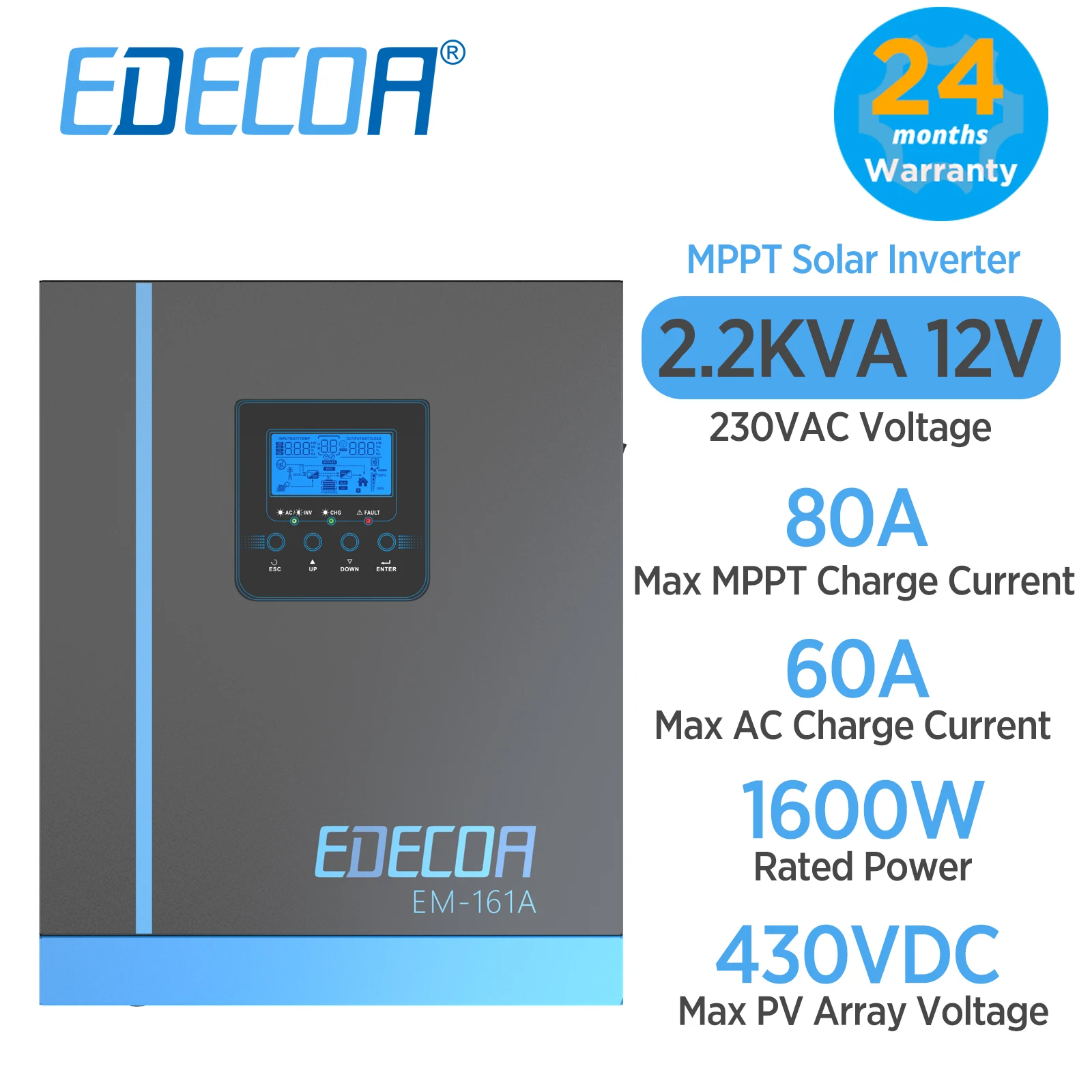 

EDECOA 1500W 12V solar hybrid inverter 220V 2.2KVA MPPT 80A 450VDC solar charger controller pure sine wave UPS