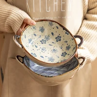 7.5inch Ceramic Bowls Japanese Ramen Noodle Soup with Handle Salad Pasta Kitchen Irregular Tableware Microwave Oven Bakware Set