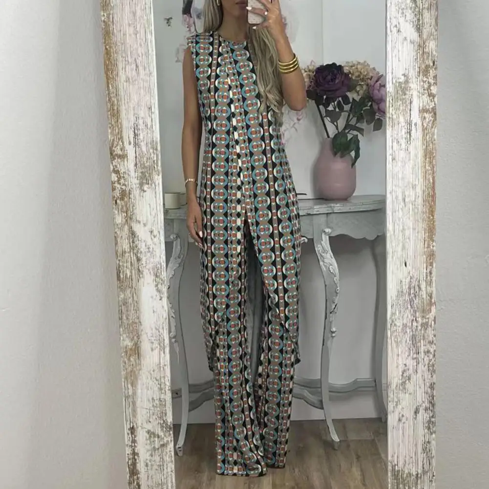 

Casual Solid Two-piece Set For Women Fashion Round Necked Sleeveless Long Top Loose Pants Suit 2023 Elegant Lady Chic Outfits