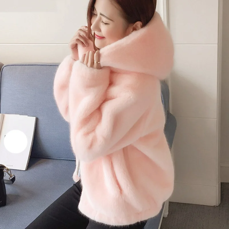 Fur Winter Soft Mink Faux Fur Coat Warm Artificial Fur Hooded Oversized 2023 Fashion Women White Black Jacket Rabbit Imitation