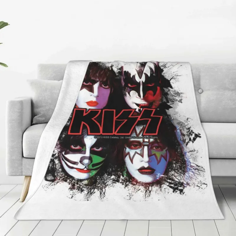 

Kiss Music Band Flannel Blankets Quality Soft Warm Members Faces Throw Blanket Autumn Camping Couch Bed Graphic Bedspread