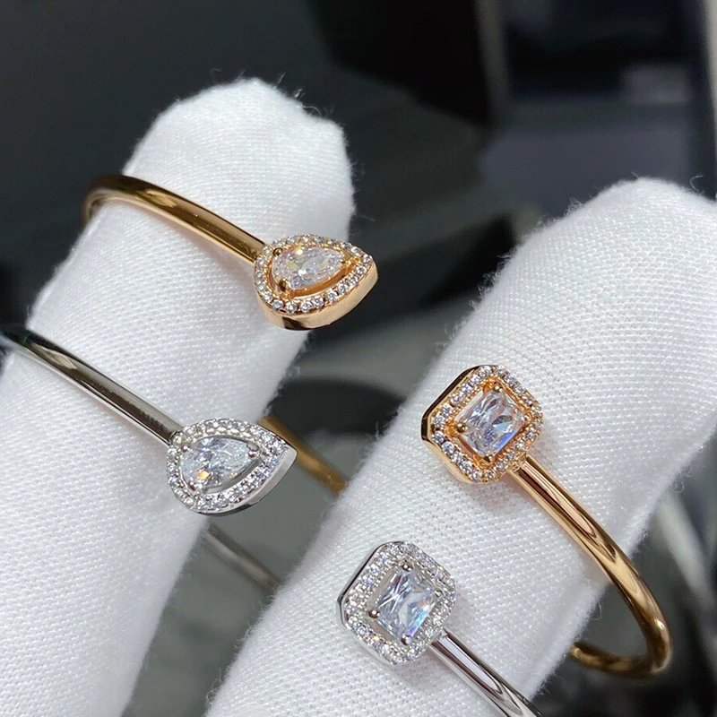 

Trendy AAA Cubic Zirconia Jewelry White Crystal Bracelets Gold Silver Color Geometry Cuff Bangle for Women's Love Gifts