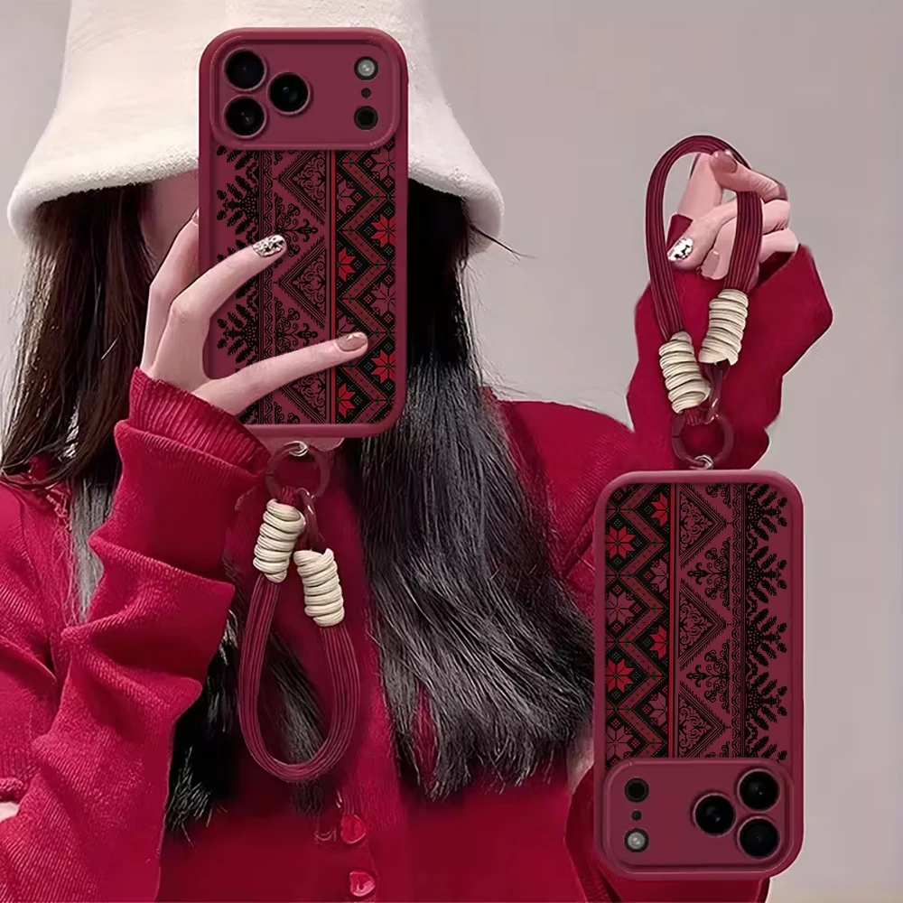 Фото Чехол для iPhone 16 17 Pro Max, iPhone 11 12 13 ProMax 14 15 Plus в европейском этническом стиле с ремешком на руку и шнурком (Fundas) №3
