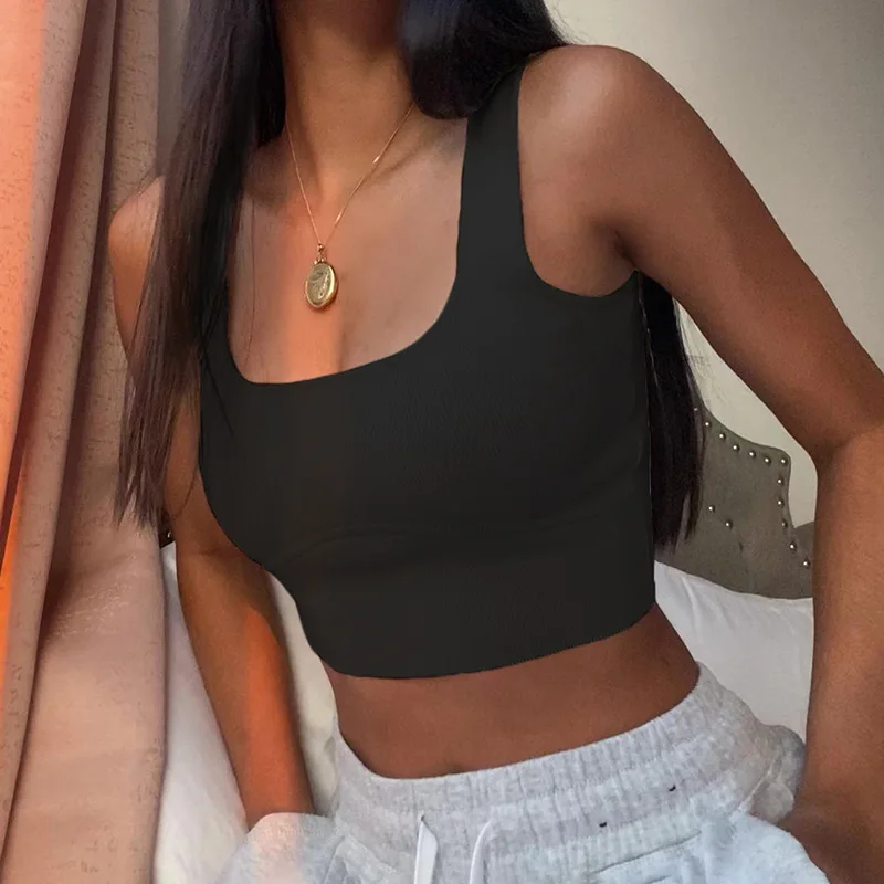 

WeiYao Patchwork Basic White Top Crop Vintage Brown Summer Fitness Tank Top Harajuku Square Neck Milkmaid Top Women Black 2022