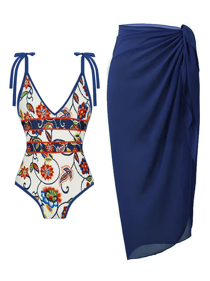 

Сплошной купальник с винтажным принтом и накидкой