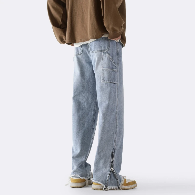 

2023 Men's Straight Jeans Hip Hop Neutral Zip Denim Trousers Loose Neutral New Fashion Wide Leg Micro Horn Burr Cargo Pants Y2k