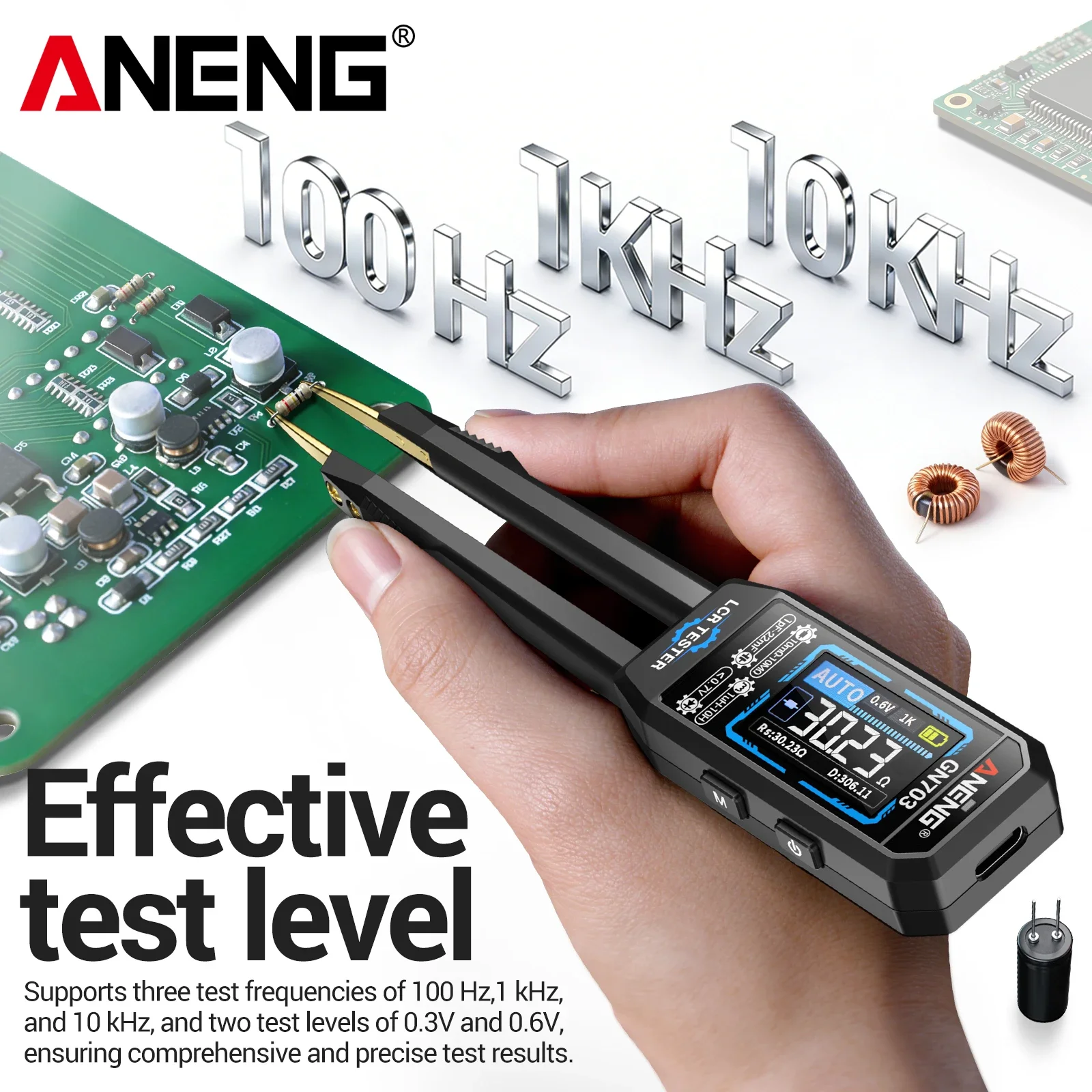 Фото Интеллектуальные пинцеты-измерители ANENG GN703 LCR 100 Гц/1 кГц/10 кГц для измерения ESR, емкости, сопротивления, индуктивности, инструмент для измерения SMD-компонентов. №3