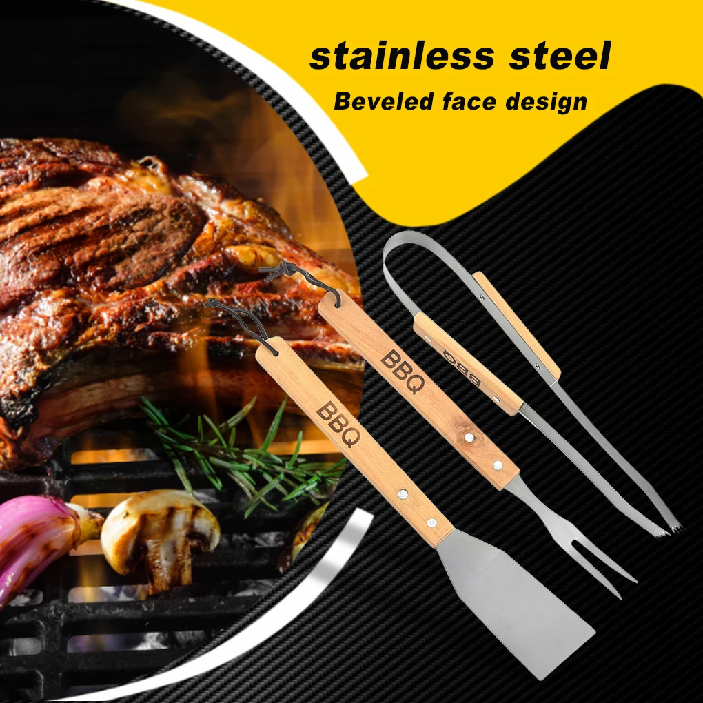

3 Pieces Stainless Steel BBQ Grill Tools Handheld Tongs Fork Spatula Food Meat Outdoor Kitchen Serving Chef Accessories