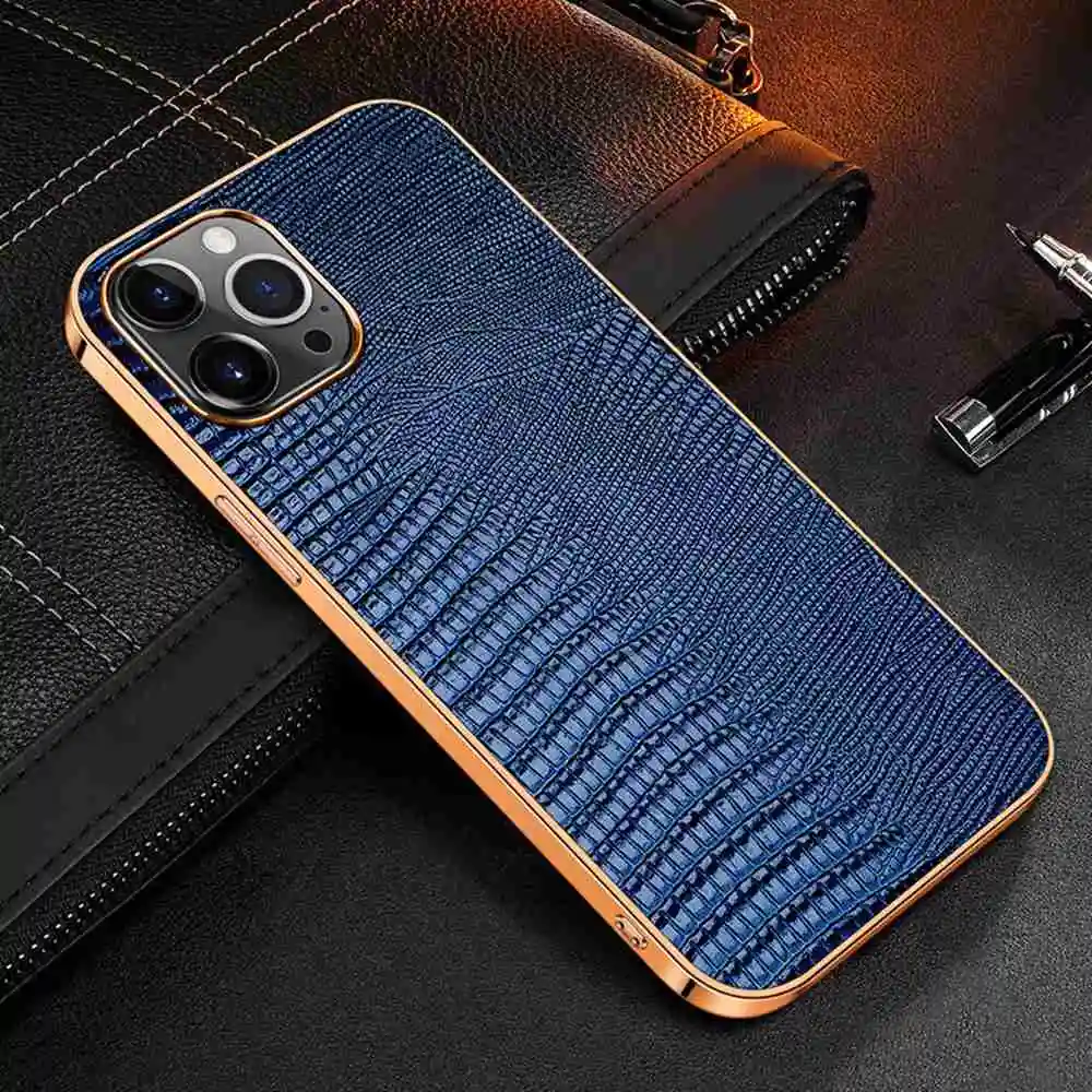 Genuine Leather Case for iPhone 13 12 11 14 Pro MAX Mini 12Pro 13Pro 11Pro 14Pro X XR XS Max Case Luxury Plating Soft Back Cover