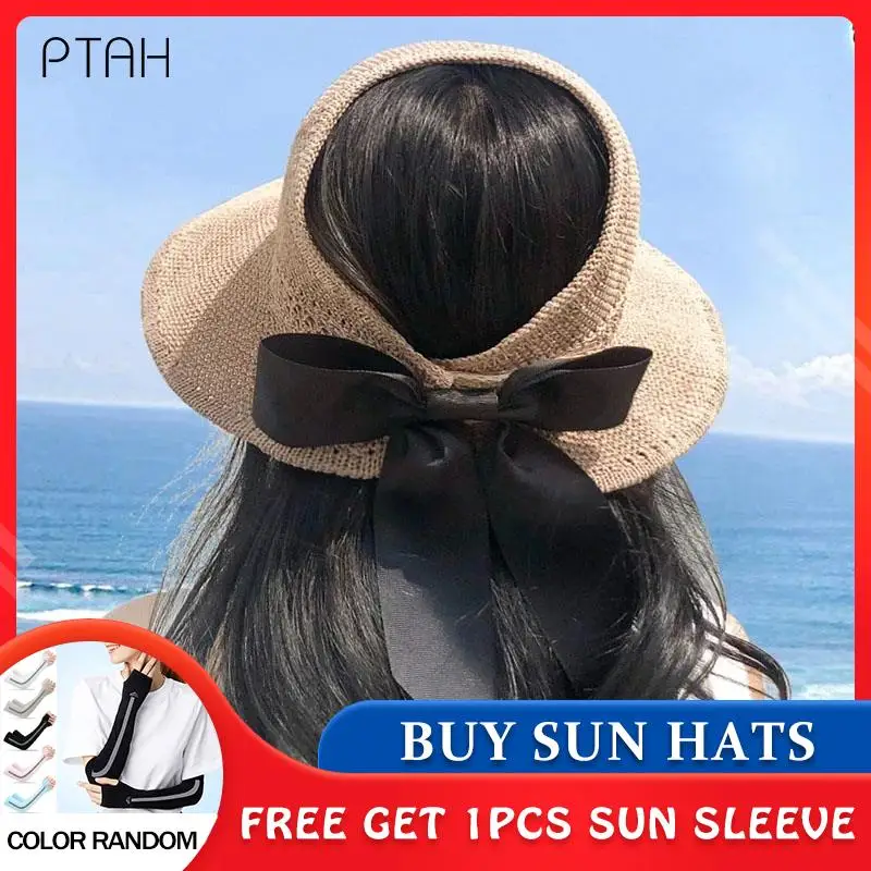 

[PTAH] Fashion Sun Hats Women's UPF 50+ Wide Brim Roll-up Straw Lightweight Foldable Beach Hats Breathable Sun Protection Visors